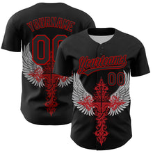 Load image into Gallery viewer, Custom Black Red 3D Pattern Design Gothic Style Cross With Wings Authentic Baseball Jersey