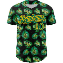 Load image into Gallery viewer, Custom Black Kelly Green-Gold 3D Pattern Design Tropical Monstera Authentic Baseball Jersey