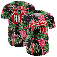 Load image into Gallery viewer, Custom Black Red-White 3D Pattern Design Tropical Plant And Bird Authentic Baseball Jersey