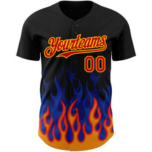 Load image into Gallery viewer, Custom Black Red-Gold 3D Pattern Design Flame Authentic Baseball Jersey