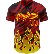 Load image into Gallery viewer, Custom Red Black-Light Yellow 3D Pattern Design Flame Authentic Baseball Jersey