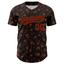 Load image into Gallery viewer, Custom Black Red-Green 3D Pattern Design Gothic Style Rose Authentic Baseball Jersey