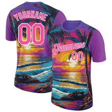 Load image into Gallery viewer, Custom Purple Pink-White 3D Pattern Design Hawaii Palm Trees On Beach Performance T-Shirt