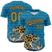 Load image into Gallery viewer, Custom Panther Blue Old Gold-Black 3D Pattern Design Football Jaguar Helmet And Ball Authentic Baseball Jersey