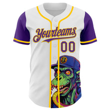 Load image into Gallery viewer, Custom White Purple-Yellow 3D Pattern Design Rave Monster Authentic Baseball Jersey