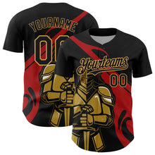 Load image into Gallery viewer, Custom Black Red-Old Gold 3D Pattern Design Knight Hero Art Authentic Baseball Jersey