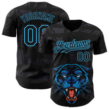 Load image into Gallery viewer, Custom Black Sky Blue 3D Pattern Design Animal Panther Authentic Baseball Jersey