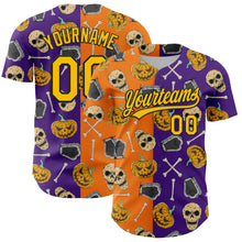 Load image into Gallery viewer, Custom Purple Yellow Bay Orange-Black 3D Pattern Halloween Skull Authentic Baseball Jersey