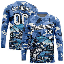 Load image into Gallery viewer, Custom Light Blue White-Black 3D Pattern Design Big Bass Fish Fishing Performance T-Shirt