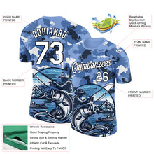 Load image into Gallery viewer, Custom Light Blue White-Black 3D Pattern Design Big Bass Fish Fishing Performance T-Shirt