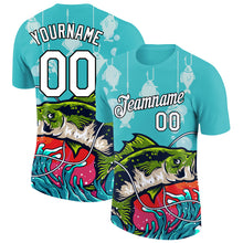Load image into Gallery viewer, Custom Aqua White-Black 3D Pattern Design Big Bass Fish Fishing Performance T-Shirt