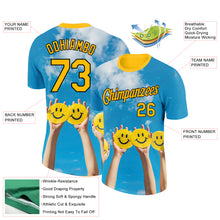 Load image into Gallery viewer, Custom Sky Blue Gold-Black 3D Pattern Design Smile Emoji Performance T-Shirt