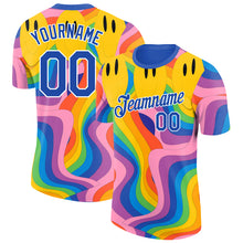 Load image into Gallery viewer, Custom Blue Gold-White 3D Pattern Design Psychedelic Smile Emoji Performance T-Shirt