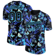 Load image into Gallery viewer, Custom Black Sky Blue 3D Pattern Design Flower With Butterfly Performance T-Shirt