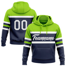 Load image into Gallery viewer, Custom Stitched Navy White-Neon Green Line Sports Pullover Sweatshirt Hoodie