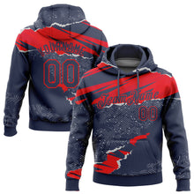 Load image into Gallery viewer, Custom Stitched Navy Fire Red 3D Pattern Design Torn Paper Style Sports Pullover Sweatshirt Hoodie