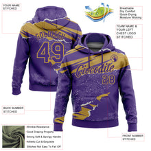 Load image into Gallery viewer, Custom Stitched Purple Old Gold 3D Pattern Design Torn Paper Style Sports Pullover Sweatshirt Hoodie