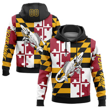 Load image into Gallery viewer, Custom Gold Black-Red 3D Maryland Flag And Fish Hook Skull Fishing Sports Pullover Sweatshirt Hoodie