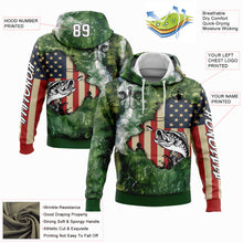 Load image into Gallery viewer, Custom Aurora Green White-Black 3D American Flag And Largemouth Bass Fish Fishing Sports Pullover Sweatshirt Hoodie