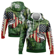 Load image into Gallery viewer, Custom Aurora Green White-Black 3D American Flag And Largemouth Bass Fish Fishing Sports Pullover Sweatshirt Hoodie