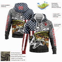 Load image into Gallery viewer, Custom Navy Red-Steel Gray 3D American Flag And Striped Bass Fish Fishing Sports Pullover Sweatshirt Hoodie