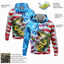 Load image into Gallery viewer, Custom Sky Blue Black-Red 3D American Flag And Largemouth Bass Fish Fishing Sports Pullover Sweatshirt Hoodie