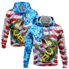 Load image into Gallery viewer, Custom Sky Blue Black-Red 3D American Flag And Largemouth Bass Fish Fishing Sports Pullover Sweatshirt Hoodie