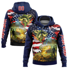 Load image into Gallery viewer, Custom Navy Red-White 3D American Flag And Smallmouth Bass Fish Fishing Sports Pullover Sweatshirt Hoodie