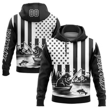 Load image into Gallery viewer, Custom Black White 3D American Flag And Fish Fishing Sports Pullover Sweatshirt Hoodie