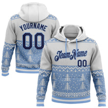 Load image into Gallery viewer, Custom Stitched White Navy-Light Blue 3D Christmas Sports Pullover Sweatshirt Hoodie