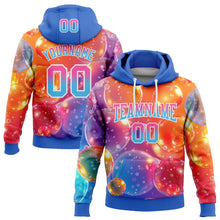 Load image into Gallery viewer, Custom Stitched Orange Pink Sky Blue-Thunder Blue Fade 3D Pattern Design Colorful Bubbles Sports Pullover Sweatshirt Hoodie