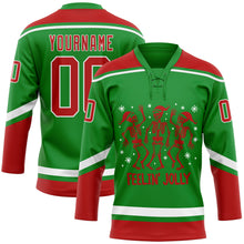Load image into Gallery viewer, Custom Grass Green Red-White Funny Christmas 3D Hockey Lace Neck Jersey