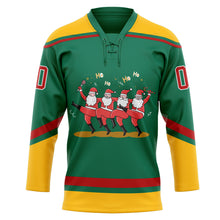 Load image into Gallery viewer, Custom Kelly Green Red-Gold Funny Christmas 3D Hockey Lace Neck Jersey