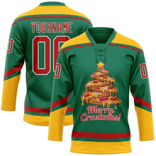 Load image into Gallery viewer, Custom Kelly Green Red-Gold Funny Christmas 3D Hockey Lace Neck Jersey
