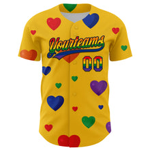 Load image into Gallery viewer, Custom Yellow Rainbow-Black 3D Love Heart Valentine's Day Authentic Baseball Jersey