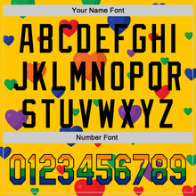 Load image into Gallery viewer, Custom Yellow Rainbow-Black 3D Love Heart Valentine's Day Authentic Baseball Jersey