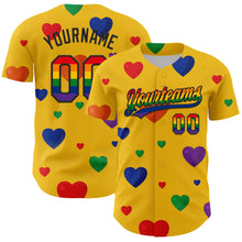 Load image into Gallery viewer, Custom Yellow Rainbow-Black 3D Love Heart Valentine's Day Authentic Baseball Jersey