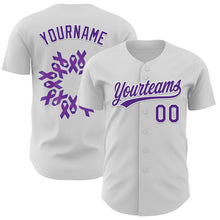 Load image into Gallery viewer, Custom White Purple 3D Pancreatic Cancer Ribbon Authentic Baseball Jersey