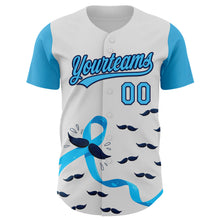 Load image into Gallery viewer, Custom White Sky Blue-Navy 3D Prostate Cancer Ribbon Authentic Baseball Jersey