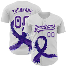 Load image into Gallery viewer, Custom White Purple 3D Testicular Cancer Ribbon Authentic Baseball Jersey