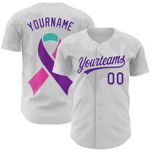 Load image into Gallery viewer, Custom White Purple 3D Thyroid Cancer Ribbon Authentic Baseball Jersey