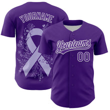 Load image into Gallery viewer, Custom Purple White 3D Gastric Cancer Ribbon Authentic Baseball Jersey