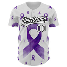 Load image into Gallery viewer, Custom White Purple-Black 3D Gynecological Cancer Ribbon Authentic Baseball Jersey