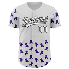 Load image into Gallery viewer, Custom White Purple-Black 3D Gynecological Cancer Ribbon Authentic Baseball Jersey