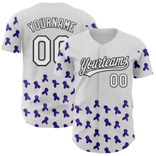 Load image into Gallery viewer, Custom White Purple-Black 3D Gynecological Cancer Ribbon Authentic Baseball Jersey
