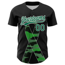 Load image into Gallery viewer, Custom Black Kelly Green-White 3D Liver Cancer Ribbon Authentic Baseball Jersey
