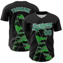 Load image into Gallery viewer, Custom Black Kelly Green-White 3D Liver Cancer Ribbon Authentic Baseball Jersey