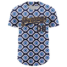 Load image into Gallery viewer, Custom White Navy-Old Gold 3D Pattern Design Evil Eyes Authentic Baseball Jersey