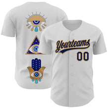 Load image into Gallery viewer, Custom White Navy-Old Gold 3D Pattern Design Evil Eyes Authentic Baseball Jersey