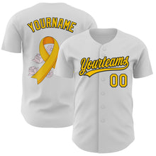 Load image into Gallery viewer, Custom White Yellow-Black 3D Childhood Cancer Gold Ribbon Authentic Baseball Jersey